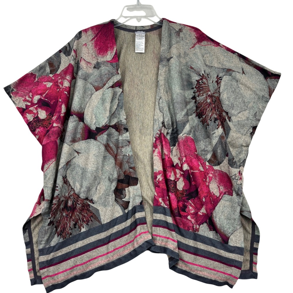Chicos Kimono Cardigan Women Size S/M Pink Grey Striped Hem Kimono Open Front